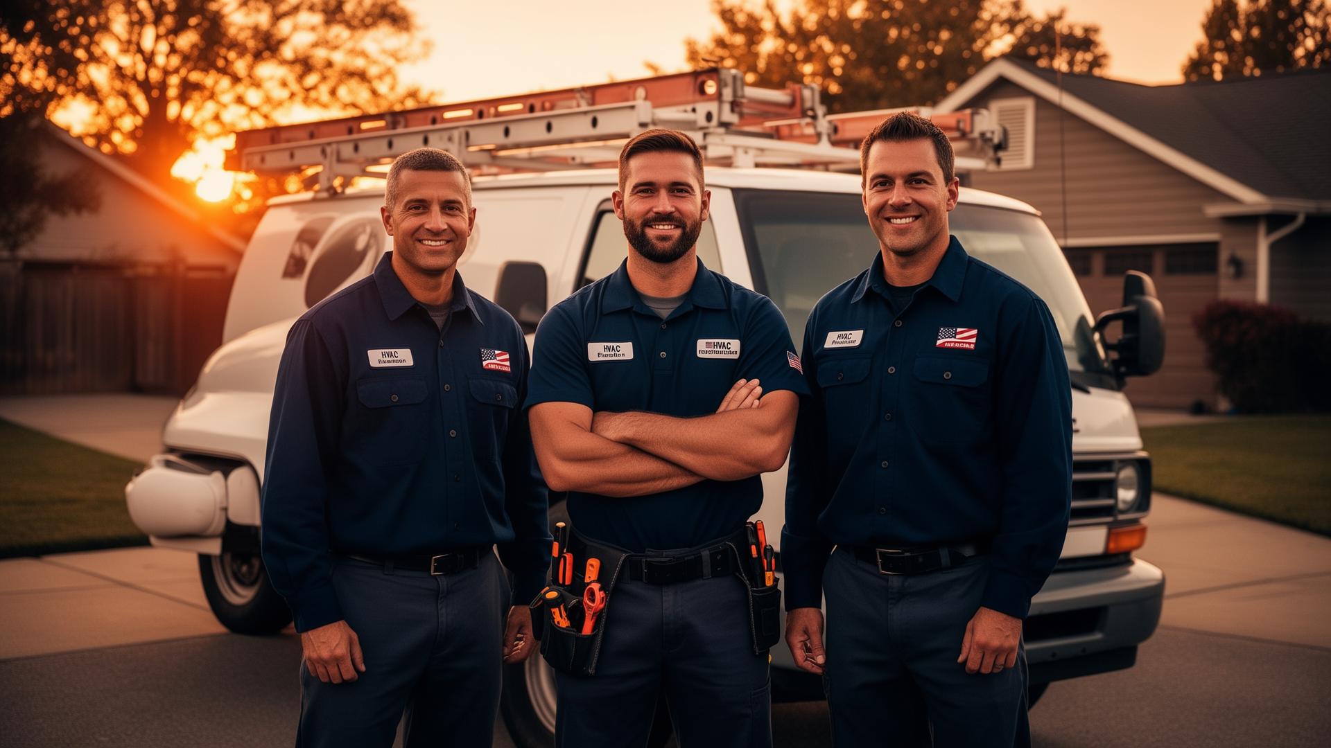Home service contractors standing in front of their work van
